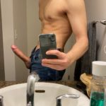 Selfie in the mirror and hard curved cock