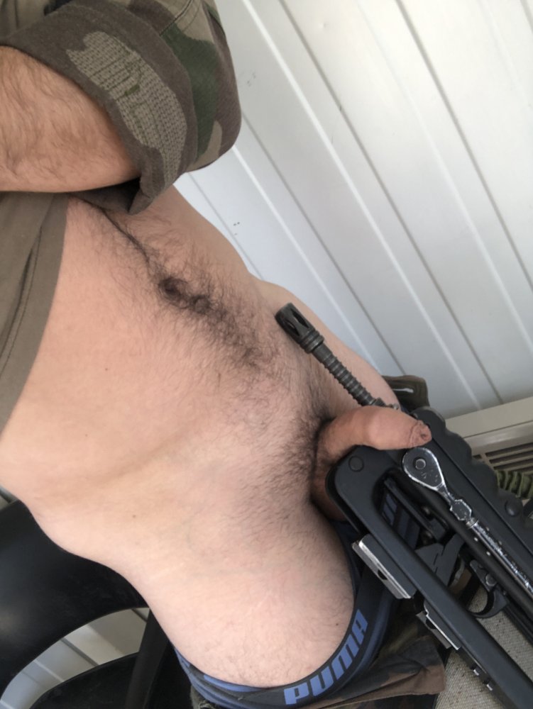 Military guy soft dick on a weapon
