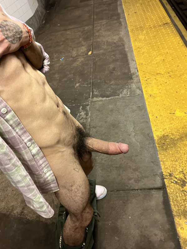 Drunk guy gets naked in the subway showing his hairy hard cut cock