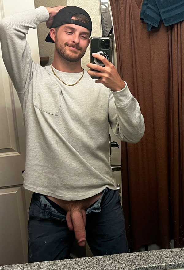 Guy clothed taking a mirror selfie of his heavy thick hard cut cock