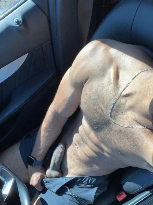 Car selfie with pants down and hard cut cock