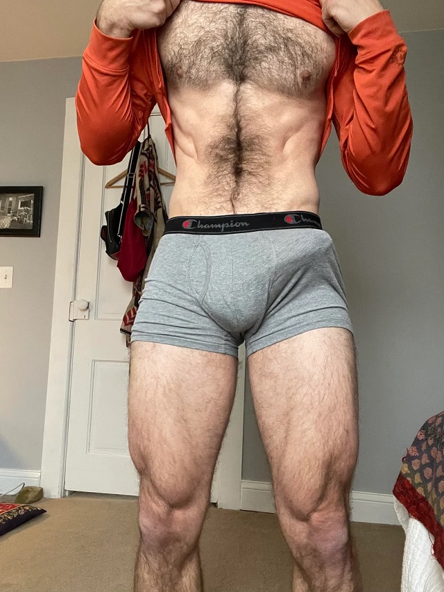 Hairy otter in underwear, hard dick bulge